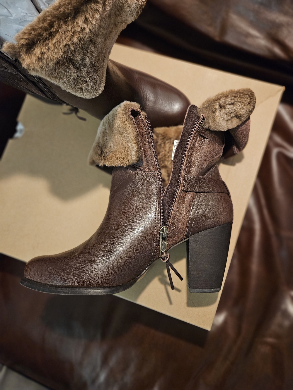 UGG Brown Leather Shearling Fur Cuffed Block Heel Ankle Boots
